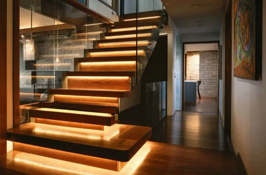 Holztreppe mit LED-Stufenbeleuchtung und Glasgeländer